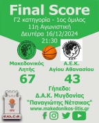 🏀 Νίκη επί της Α.Ε.Κ. Αγίου Αθανασίου